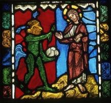 First Temptation of Christ.  Glass from Troyes Cathedral c1179-80.  V&A Images